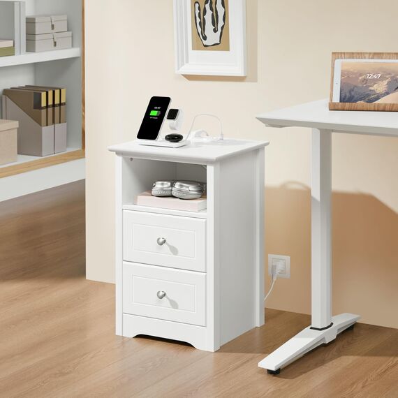 Yaheetech Nachttische 2er Set Beistelltisch mit Ladestation und 2 Schubladen Moderner Nachtschrank Holz Couchtisch Sofatisch für Schlafzimmer, Wohnzimmer, Weiß