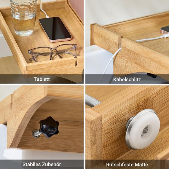 SoBuy Klemmregal fürs Bett mit Kabelführung - Bambus-Nachttisch für Bücher, Smartphones & Brillen, 36x25x9cm Natur NKD01-N