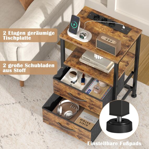 Yornoli Nachttisch 2er Set mit LED & Ladefunktion, Beistelltisch mit Schublade, Nachttische mit 3 AC-Anschlüsse & 2 USB-Anschlüssen, Beistelltische fürs Wohnzimmer, Schlafzimmer, Vintage Braun