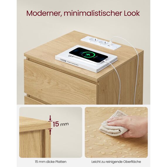 VASAGLE Kailyn Kollektion - Nachttisch mit Steckdosenleiste, 2er Set, Beistelltisch, 3 Schubladen, 2 AC-Steckdosen, 2 USB-A-Anschlüsse, modern, strohgelb LET831Y70