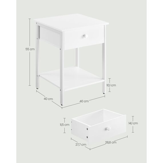 VASAGLE Nachttisch, Nachtkommode, Beistelltisch mit Schublade und Ablage, 40 x 40 x 55 cm, Schlafzimmer, Wohnzimmer, Stahlrahmen, einfacher Aufbau, mattweiß LET055W14