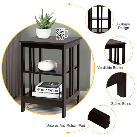COSTWAY Nachttisch 3 Ebenen, Beistelltisch Nachtschrank, Sofatisch Couchtisch für Schlafzimmer, Wohnzimmer 40x40x61cm (II-förmig, Braun)