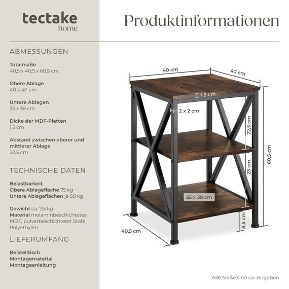 tectake® Beistelltisch aus Holz und Metall, Nachttisch mit 3 Ebenen, X-förmige Streben, Industrie-Design, Vintage Couchtisch, schwarzes Metallgestell (Industrial Dunkelbraun)