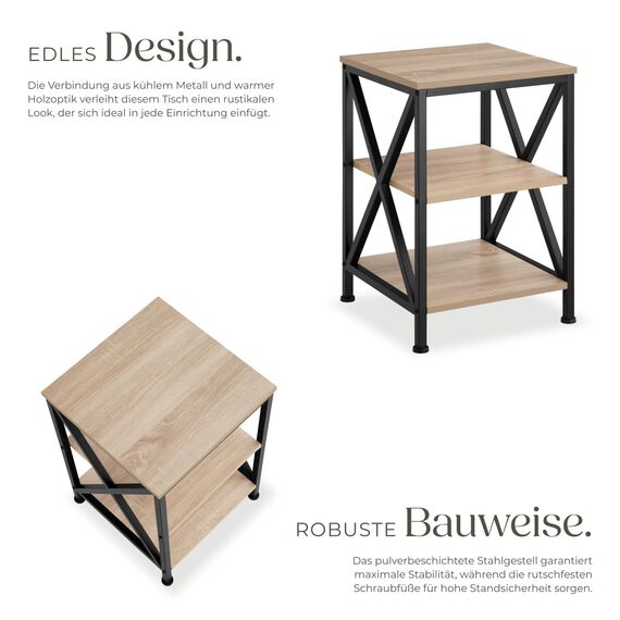 tectake® Industrial Möbel, Beistelltisch Holz und Metall, Schlafzimmer Nachttisch mit 3 Ebenen, Couchtisch, Wohnzimmertisch, Beistelltisch Couch (Industrial Holz hell, Eiche Sonoma)