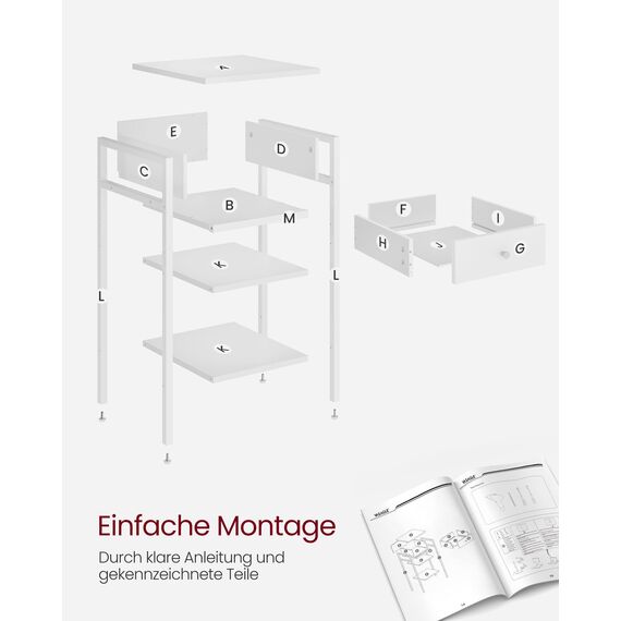 VASAGLE Nachttisch, Beistelltisch, hoch, mit Einer Schublade und 2 offenen Fächern, 1 verstellbare Ablage, platzsparend, verstellbare Füße, modern, weiß LET502B14