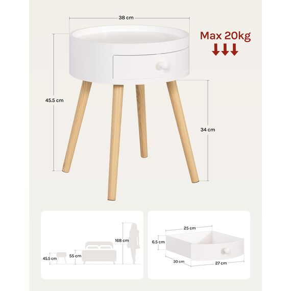 WOLTU Nachttisch 2er Set Beistelltisch Nachtkommode Nachtschrank Sofatisch, mit Schublade, mit Beinen, Holz, MDF, Weiß, TS111ws-2