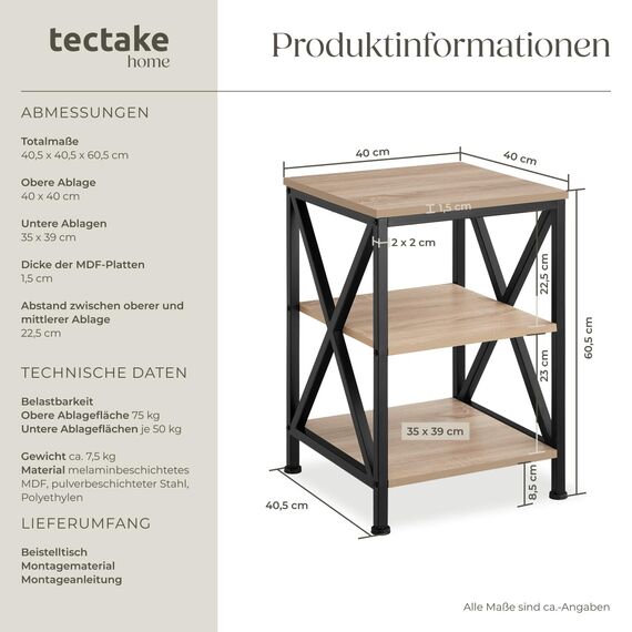 tectake® Industrial Möbel, Beistelltisch Holz und Metall, Schlafzimmer Nachttisch mit 3 Ebenen, Couchtisch, Wohnzimmertisch, Beistelltisch Couch (Industrial Holz hell, Eiche Sonoma)