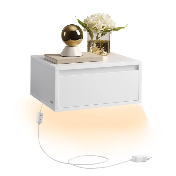 VASAGLE Nachttisch hängend, Leuchte mit 3 Farben, schwebendes Wandregal, Schublade, 35 x 40 x 18 cm, modern, Wohnzimmer Schlafzimmer, wolkenweiß LET654W01