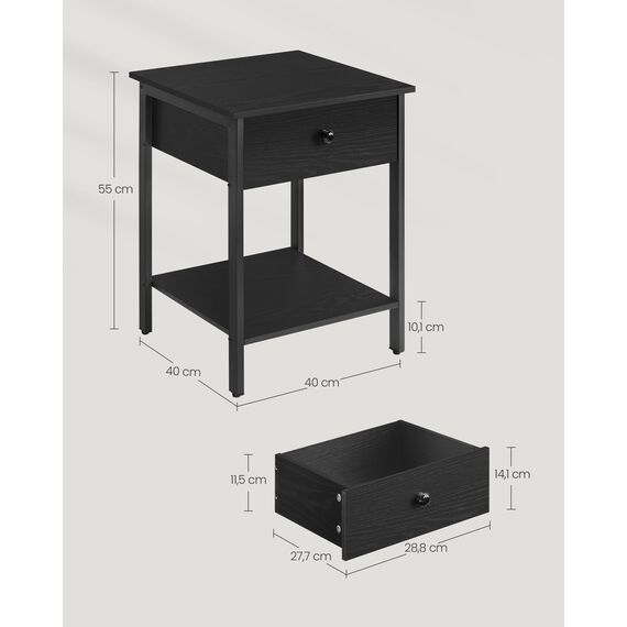 VASAGLE Nachttisch, 2er Set, Nachtkommode, Beistelltisch mit Schublade und Ablage, 40 x 40 x 55 cm, Schlafzimmer, Wohnzimmer, Stahlrahmen, einfacher Aufbau, ebenholzschwarz LET506B56