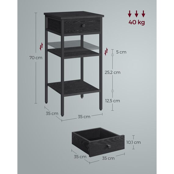 VASAGLE Nachttisch, Beistelltisch, hoch, mit Einer Schublade und 2 offenen Fächern, 1 verstellbare Ablage, platzsparend, verstellbare Füße, Industrie-Design, ebenholzschwarz-tintenschwarz LET502B56