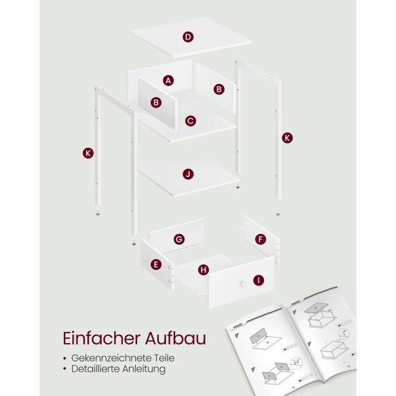 VASAGLE Nachttisch, Nachtkommode, Beistelltisch mit Schublade und Ablage, 40 x 40 x 55 cm, Schlafzimmer, Wohnzimmer, Stahlrahmen, einfacher Aufbau, mattweiß LET055W14