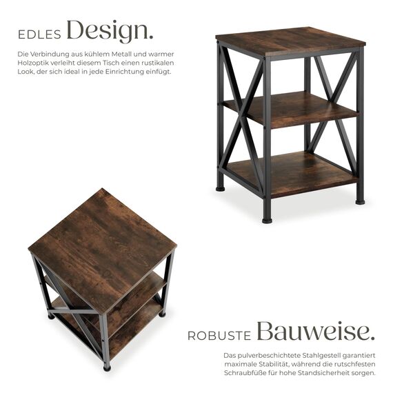 tectake® Beistelltisch aus Holz und Metall, Nachttisch mit 3 Ebenen, X-förmige Streben, Industrie-Design, Vintage Couchtisch, schwarzes Metallgestell (Industrial Dunkelbraun)