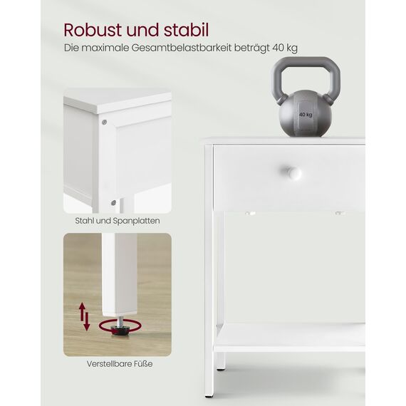 VASAGLE Nachttisch, Nachtkommode, Beistelltisch mit Schublade und Ablage, 40 x 40 x 55 cm, Schlafzimmer, Wohnzimmer, Stahlrahmen, einfacher Aufbau, mattweiß LET055W14