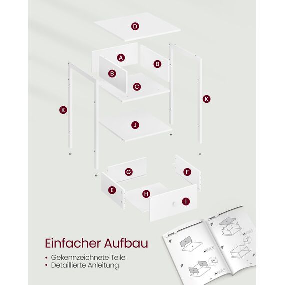 VASAGLE Nachttisch, 2er Set, Nachtkommode, Beistelltisch mit Schublade und Ablage, 40 x 40 x 55 cm, Schlafzimmer, Wohnzimmer, Stahlrahmen, einfacher Aufbau, mattweiß LET506W14