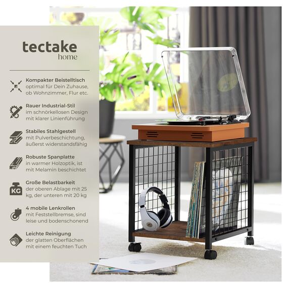 tectake® Couchtisch mit Stauraum, Nachttisch mit 2 Ablagen, Beistelltisch mit Rollen, 40 x 40 x 48 cm, Wohnzimmertisch, Nachttisch, Tisch Beistelltisch Couch - Industrial Holz dunkel, rustikal