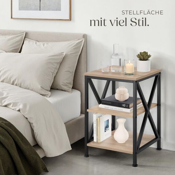 tectake® Industrial Möbel, Beistelltisch Holz und Metall, Schlafzimmer Nachttisch mit 3 Ebenen, Couchtisch, Wohnzimmertisch, Beistelltisch Couch (Industrial Holz hell, Eiche Sonoma)