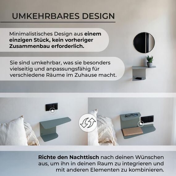 MILUKA Nachtschrank 2er Set Metall Grüne | Nachttisch Hängend 40 x 20 cm, mit 2 Ebenen | Modern Schweberegal perfeckt als Schminktisch, Konsolentisch, Eckregal.