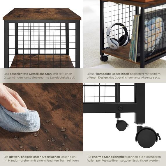 tectake® Couchtisch mit Stauraum, Nachttisch mit 2 Ablagen, Beistelltisch mit Rollen, 40 x 40 x 48 cm, Wohnzimmertisch, Nachttisch, Tisch Beistelltisch Couch - Industrial Holz dunkel, rustikal