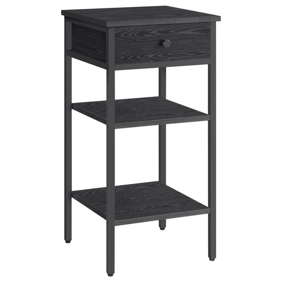VASAGLE Nachttisch, Beistelltisch, hoch, mit Einer Schublade und 2 offenen Fächern, 1 verstellbare Ablage, platzsparend, verstellbare Füße, Industrie-Design, ebenholzschwarz-tintenschwarz LET502B56