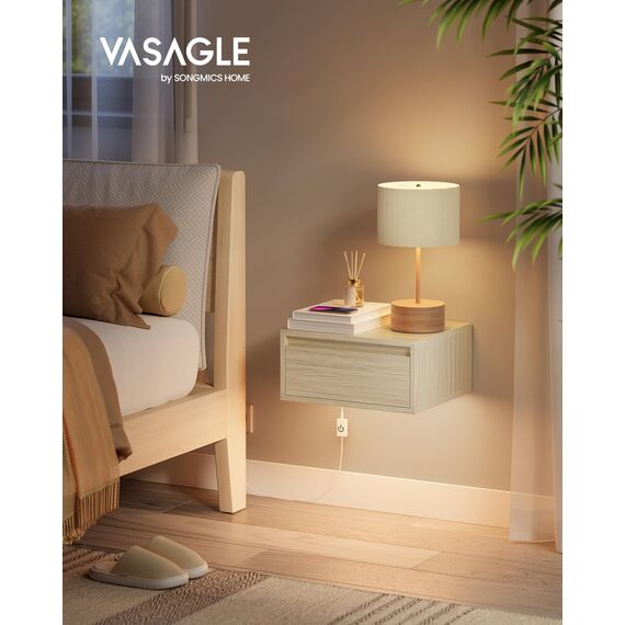 VASAGLE Kailyn Kollektion - Nachttisch hängend, Leuchte mit 3 Farben, schwebendes Wandregal, Schublade, 35 x 40 x 18 cm, modern, Wohnzimmer Schlafzimmer, naturbeige LET654N01