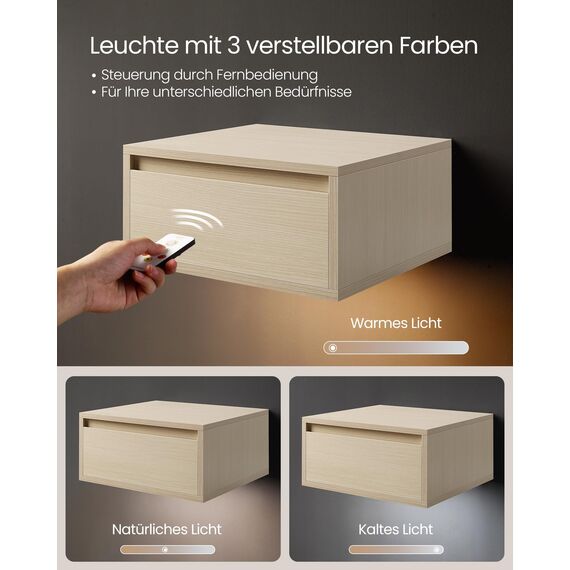 VASAGLE Kailyn Kollektion - Nachttisch hängend, Leuchte mit 3 Farben, schwebendes Wandregal, Schublade, 35 x 40 x 18 cm, modern, Wohnzimmer Schlafzimmer, naturbeige LET654N01