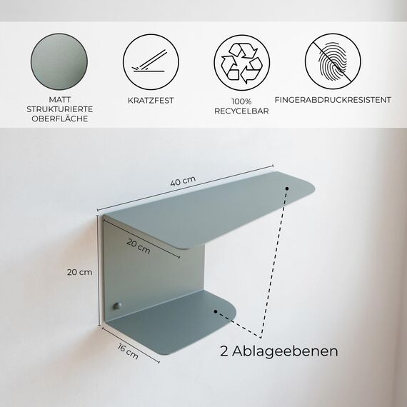 MILUKA Nachtschrank 2er Set Metall Grüne | Nachttisch Hängend 40 x 20 cm, mit 2 Ebenen | Modern Schweberegal perfeckt als Schminktisch, Konsolentisch, Eckregal.