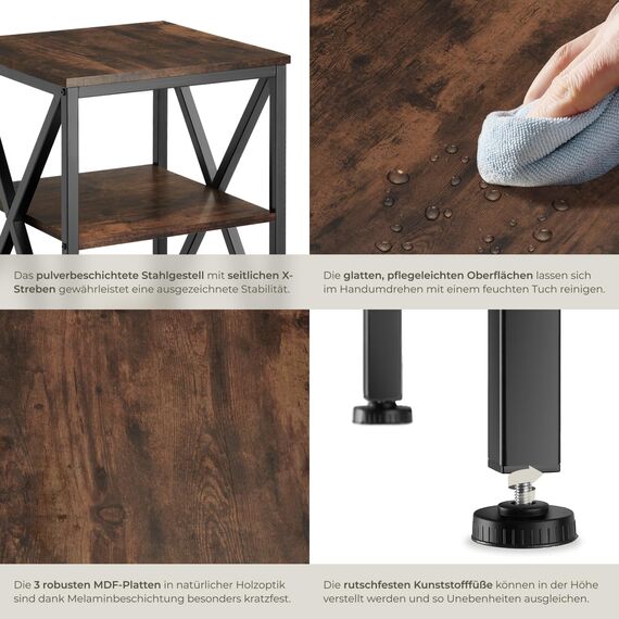 tectake® Beistelltisch aus Holz und Metall, Nachttisch mit 3 Ebenen, X-förmige Streben, Industrie-Design, Vintage Couchtisch, schwarzes Metallgestell (Industrial Dunkelbraun)