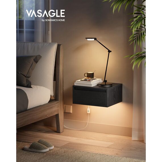 VASAGLE Kailyn Kollektion - Nachttisch hängend, Leuchte mit 3 Farben, schwebendes Wandregal, Schublade, 35 x 40 x 18 cm, modern, Wohnzimmer Schlafzimmer, ebenholzschwarz LET654B01