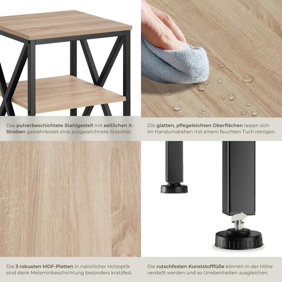 tectake® Industrial Möbel, Beistelltisch Holz und Metall, Schlafzimmer Nachttisch mit 3 Ebenen, Couchtisch, Wohnzimmertisch, Beistelltisch Couch (Industrial Holz hell, Eiche Sonoma)