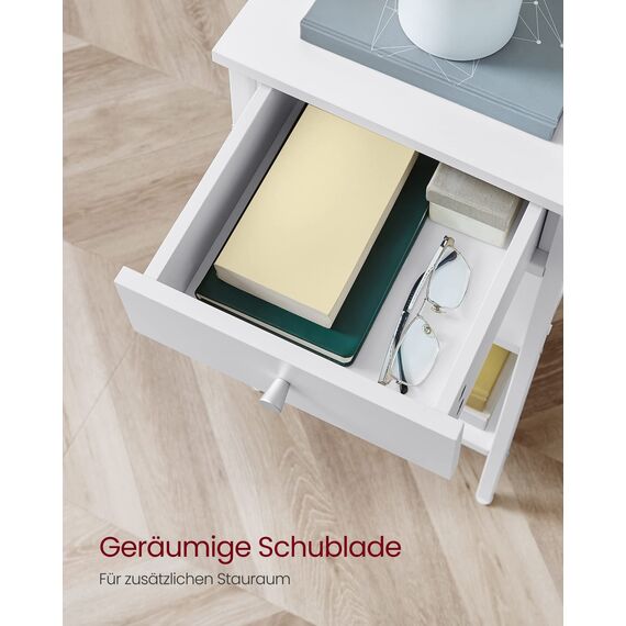VASAGLE Nachttisch, Beistelltisch, hoch, mit Einer Schublade und 2 offenen Fächern, 1 verstellbare Ablage, platzsparend, verstellbare Füße, modern, weiß LET502B14