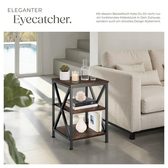 tectake® Beistelltisch aus Holz und Metall, Nachttisch mit 3 Ebenen, X-förmige Streben, Industrie-Design, Vintage Couchtisch, schwarzes Metallgestell (Industrial Dunkelbraun)