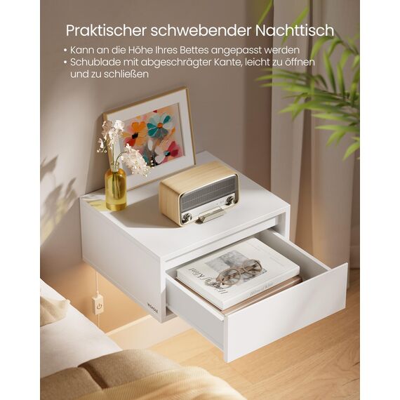VASAGLE Nachttisch hängend, Leuchte mit 3 Farben, schwebendes Wandregal, Schublade, 35 x 40 x 18 cm, modern, Wohnzimmer Schlafzimmer, wolkenweiß LET654W01