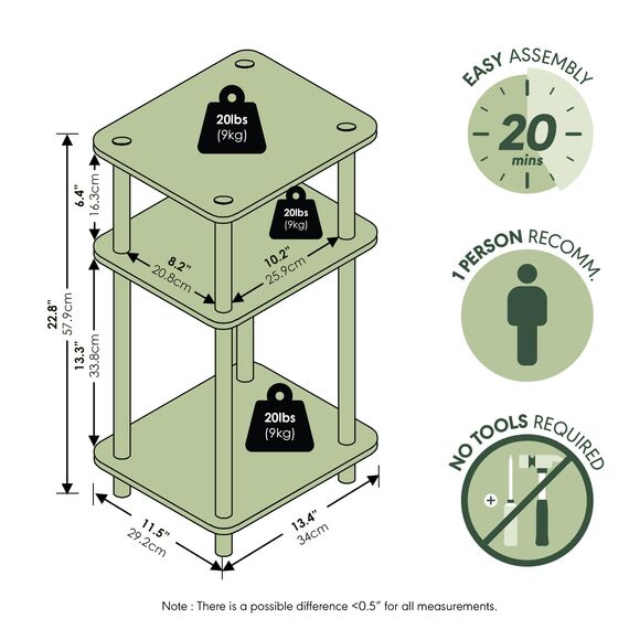 Furinno Just 3-stufiger Turn-N-Tube-Beistelltisch, 1er-Pack, Bernsteinkiefer/Schwarz