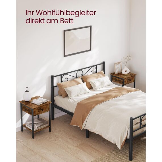 VASAGLE Nachttisch, Nachtkommode, Beistelltisch mit Schublade und Ablage, 40 x 40 x 55 cm, Schlafzimmer, Wohnzimmer, Stahlrahmen, einfacher Aufbau, vintagebraun-schwarz LET55BX