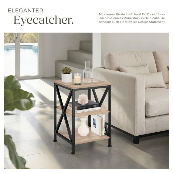 tectake® Industrial Möbel, Beistelltisch Holz und Metall, Schlafzimmer Nachttisch mit 3 Ebenen, Couchtisch, Wohnzimmertisch, Beistelltisch Couch (Industrial Holz hell, Eiche Sonoma)