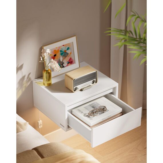 VASAGLE Nachttisch hängend, Leuchte mit 3 Farben, schwebendes Wandregal, Schublade, 35 x 40 x 18 cm, modern, Wohnzimmer Schlafzimmer, wolkenweiß LET654W01