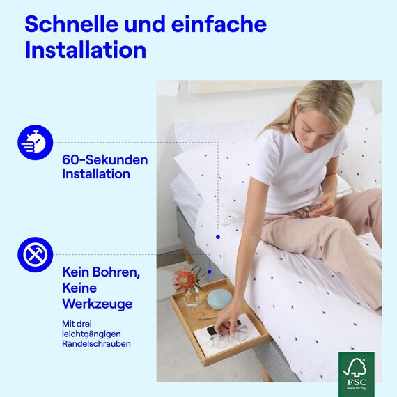 Bedshelfie Nachttisch Zum Einhängen Bettablage für Etagenbett und Boxspringbett, Bettablage für WG-Zimmer, Betttablett schwebend - Natürlich, Mit Schiebefunktion
