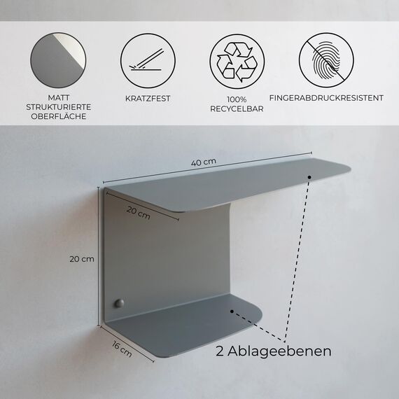 MILUKA Nachttisch Schmal hängend Grau Metall | 2er-Set, 40 x 20 cm | Schwebende Nachttische mit 2 Ebenen | Wandregal auch als Konsoletisch, Eckregal und Nachtkommode.