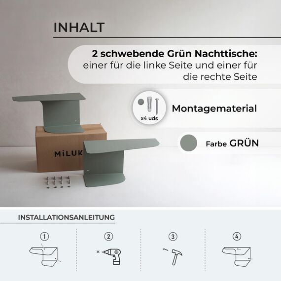 MILUKA Nachtschrank 2er Set Metall Grüne | Nachttisch Hängend 40 x 20 cm, mit 2 Ebenen | Modern Schweberegal perfeckt als Schminktisch, Konsolentisch, Eckregal.