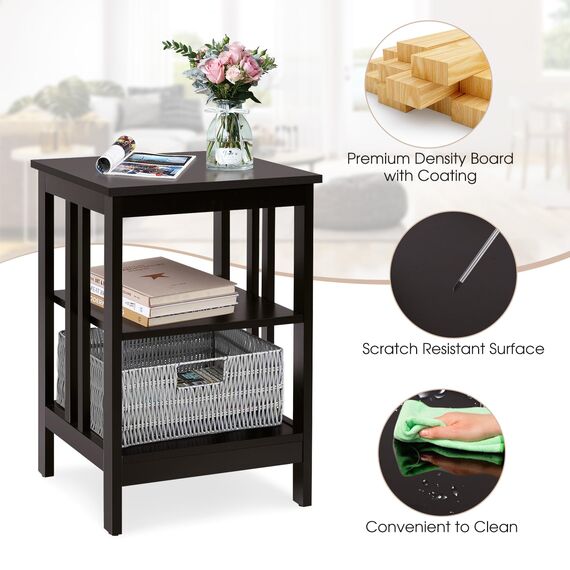 GIANTEX 2er Set Nachttisch, Beistelltisch 3 Ebenen, Sofatisch Couchtisch Holz, Kleiner Kaffeetisch Teetisch Wohnzimmertisch, Nachtschrank Nachtkommode 40x40x61cm für Wohnzimmer Schlafzimmer Braun