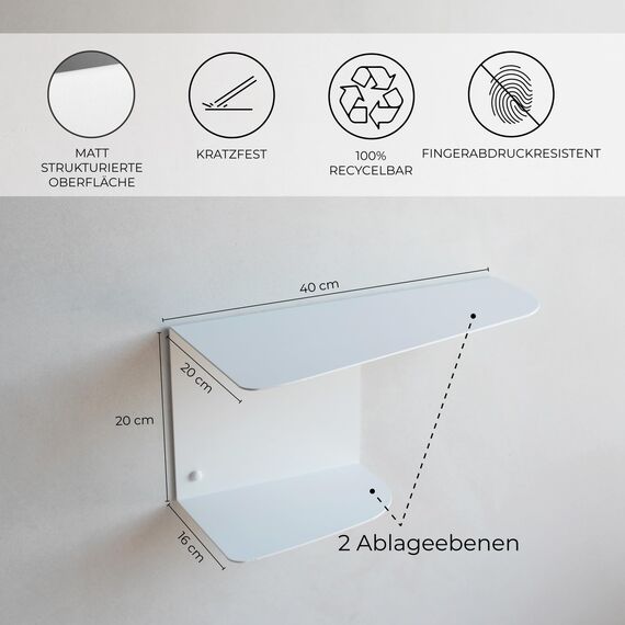 MILUKA Nachttisch Weiß Metall | 2er-Set 40 x 20 cm | Nachttische Hängend für Schlafzimmer & Kinderzimmer | Ideal als Nachtkommode, Sideboard, Wandregal oder Ablage