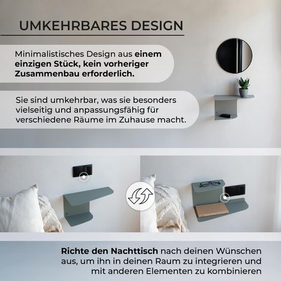 MILUKA Nachttisch Schmal hängend Grau Metall | 2er-Set, 40 x 20 cm | Schwebende Nachttische mit 2 Ebenen | Wandregal auch als Konsoletisch, Eckregal und Nachtkommode.