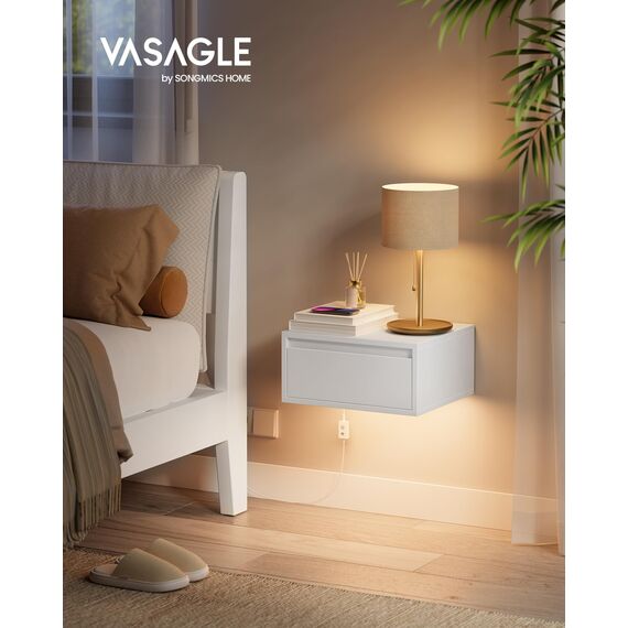 VASAGLE Nachttisch hängend, Leuchte mit 3 Farben, schwebendes Wandregal, Schublade, 35 x 40 x 18 cm, modern, Wohnzimmer Schlafzimmer, wolkenweiß LET654W01