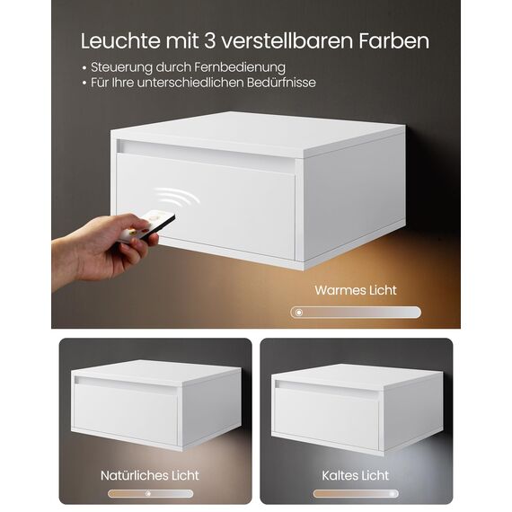 VASAGLE Nachttisch hängend, Leuchte mit 3 Farben, schwebendes Wandregal, Schublade, 35 x 40 x 18 cm, modern, Wohnzimmer Schlafzimmer, wolkenweiß LET654W01