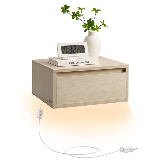 VASAGLE Kailyn Kollektion - Nachttisch hängend, Leuchte mit 3 Farben, schwebendes Wandregal, Schublade, 35 x 40 x 18 cm, modern, Wohnzimmer Schlafzimmer, naturbeige LET654N01