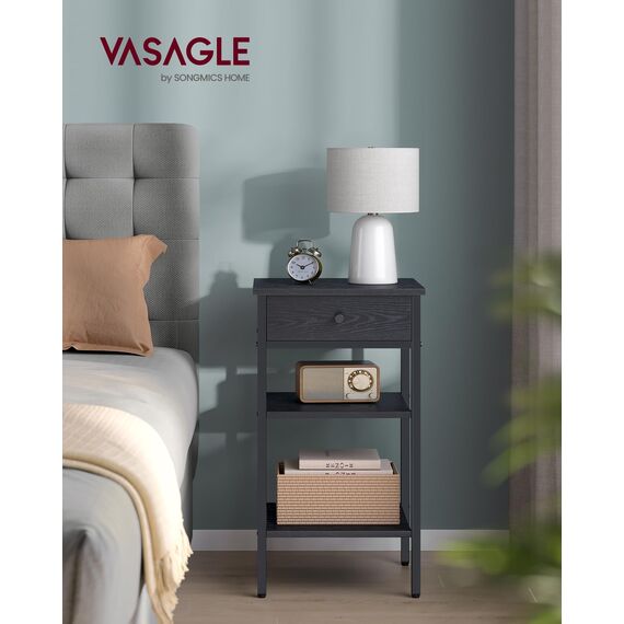 VASAGLE Nachttisch, Beistelltisch, hoch, mit Einer Schublade und 2 offenen Fächern, 1 verstellbare Ablage, platzsparend, verstellbare Füße, Industrie-Design, ebenholzschwarz-tintenschwarz LET502B56