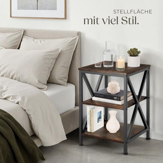 tectake® Beistelltisch aus Holz und Metall, Nachttisch mit 3 Ebenen, X-förmige Streben, Industrie-Design, Vintage Couchtisch, schwarzes Metallgestell (Industrial Dunkelbraun)