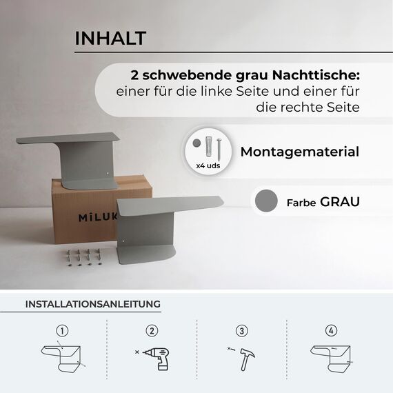 MILUKA Nachttisch Schmal hängend Grau Metall | 2er-Set, 40 x 20 cm | Schwebende Nachttische mit 2 Ebenen | Wandregal auch als Konsoletisch, Eckregal und Nachtkommode.
