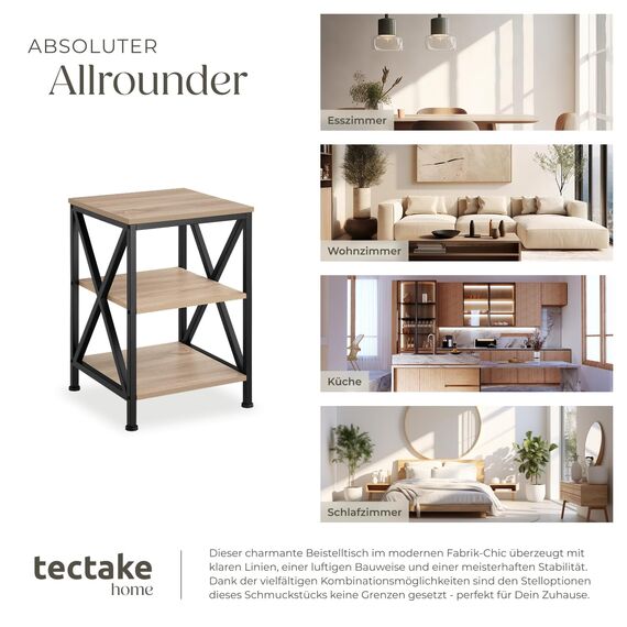 tectake® Industrial Möbel, Beistelltisch Holz und Metall, Schlafzimmer Nachttisch mit 3 Ebenen, Couchtisch, Wohnzimmertisch, Beistelltisch Couch (Industrial Holz hell, Eiche Sonoma)