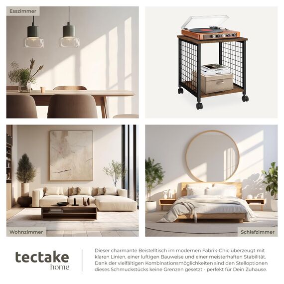 tectake® Couchtisch mit Stauraum, Nachttisch mit 2 Ablagen, Beistelltisch mit Rollen, 40 x 40 x 48 cm, Wohnzimmertisch, Nachttisch, Tisch Beistelltisch Couch - Industrial Holz dunkel, rustikal